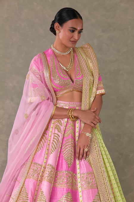 Buy_Masaba_Pink Silk, Organza Tassels, Barfi Paan Patti Dori Bridal Lehenga Set _Online_at_Aza_Fashions