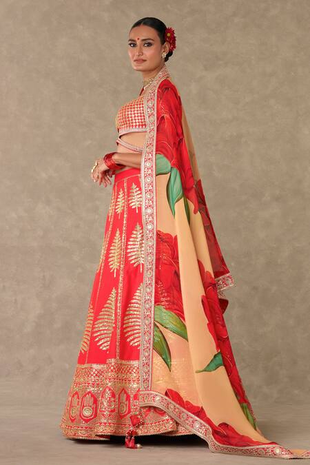 Masaba Red Silk, Organza Embroidery Scoop Neck Paan Patti Bridal Lehenga Set Online at Aza Fashions Masaba_Red Silk, Organza Embroidery Scoop Neck Paan Patti Bridal Lehenga Set _Online_at_Aza_Fashions