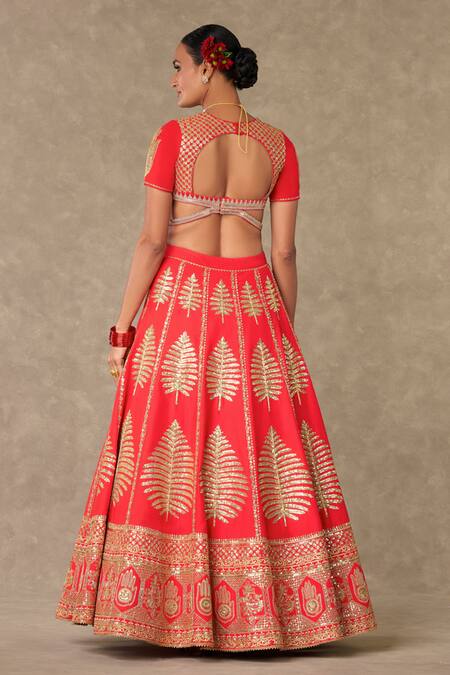 Shop Masaba Red Silk, Organza Embroidery Scoop Neck Paan Patti Bridal Lehenga Set Online at Aza Fashions Shop_Masaba_Red Silk, Organza Embroidery Scoop Neck Paan Patti Bridal Lehenga Set _Online_at_Aza_Fashions