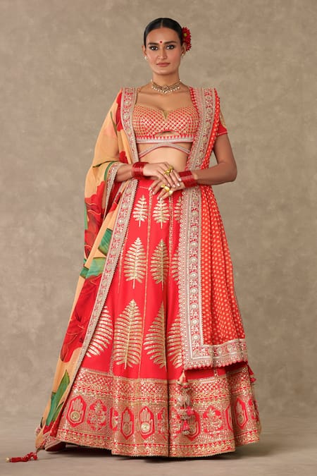 Masaba Red Lehenga And Blouse Raw Silk Embellished Dori Scoop Neck Paan Patti Work Set