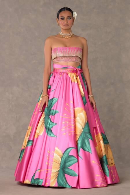 Masaba_Pink Silk, Taffeta Mirrors, Embroidery Masakali Print Lehenga And Bustier Set_Online_at_Aza_Fashions