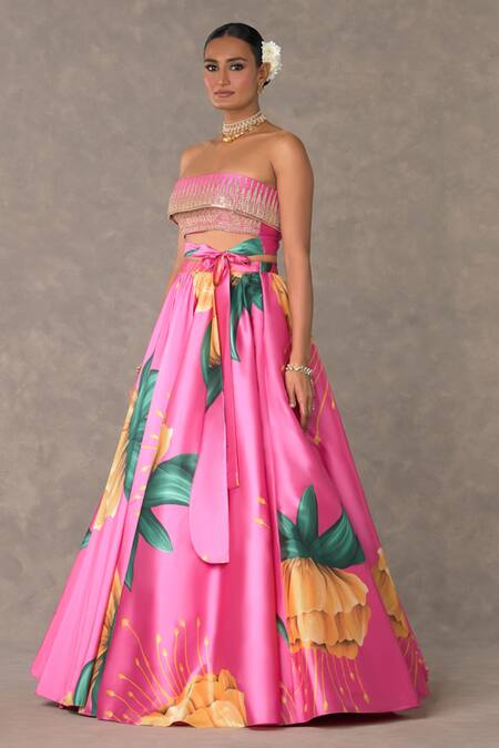 Buy_Masaba_Pink Silk, Taffeta Mirrors, Embroidery Masakali Print Lehenga And Bustier Set_Online_at_Aza_Fashions