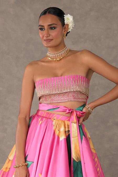 Shop_Masaba_Pink Silk, Taffeta Mirrors, Embroidery Masakali Print Lehenga And Bustier Set_Online_at_Aza_Fashions