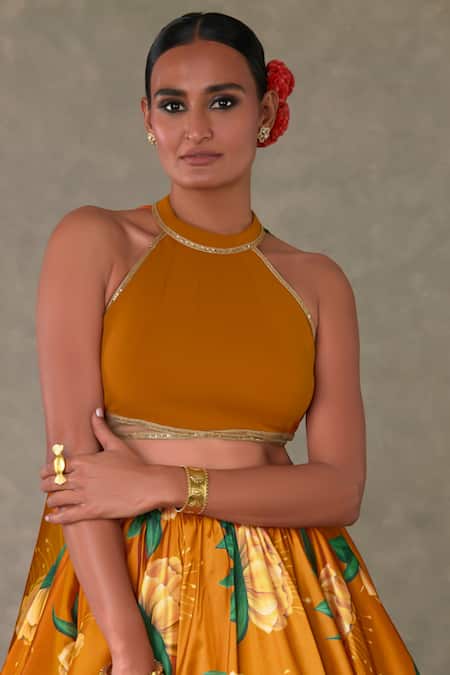 Masaba_Orange Silk, Taffeta Embroidery, Diamonds Masakali Print Lehenga And Bustier Set _Online_at_Aza_Fashions