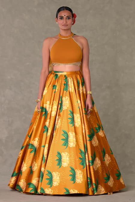 Buy_Masaba_Orange Silk, Taffeta Embroidery, Diamonds Masakali Print Lehenga And Bustier Set _Online_at_Aza_Fashions