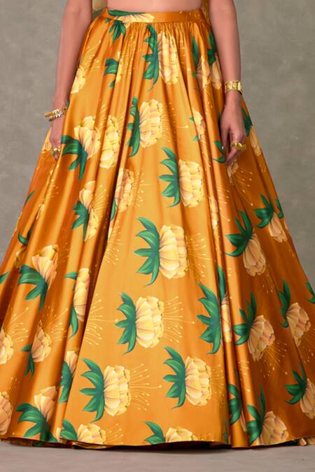 Shop_Masaba_Orange Silk, Taffeta Embroidery, Diamonds Masakali Print Lehenga And Bustier Set _Online_at_Aza_Fashions