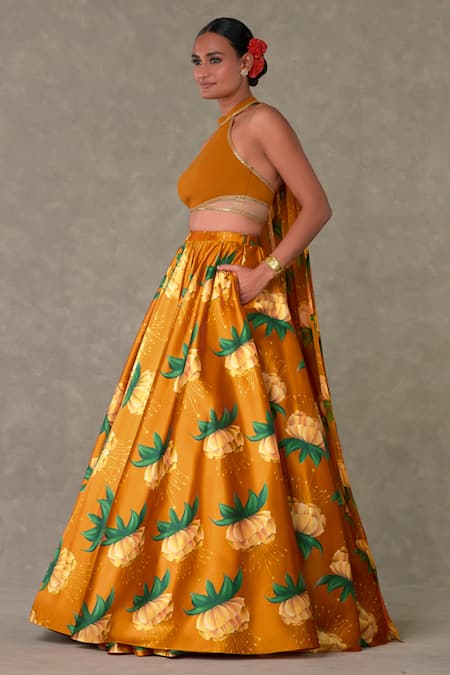 Masaba_Orange Silk, Taffeta Embroidery, Diamonds Masakali Print Lehenga And Bustier Set _at_Aza_Fashions