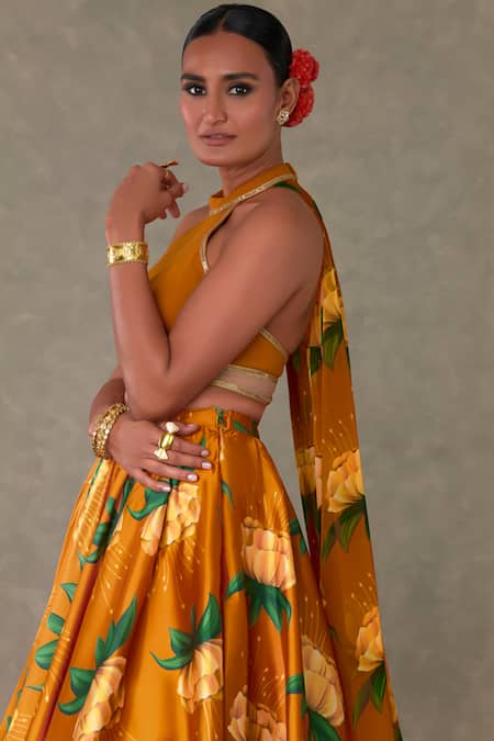 Buy_Masaba_Orange Silk, Taffeta Embroidery, Diamonds Masakali Print Lehenga And Bustier Set 