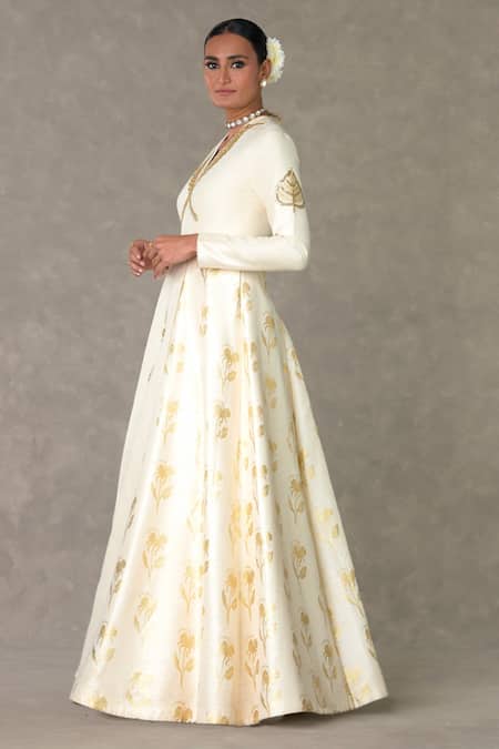 Masaba_Ivory Silk Embroidery V-neck All In Bloom Embellished Gown _Online_at_Aza_Fashions