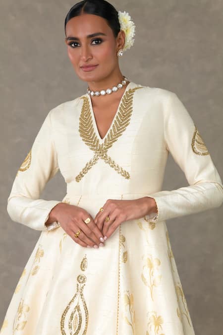 Buy_Masaba_Ivory Silk Embroidery V-neck All In Bloom Embellished Gown _Online_at_Aza_Fashions