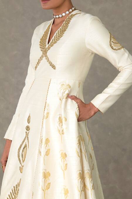 Shop_Masaba_Ivory Silk Embroidery V-neck All In Bloom Embellished Gown _Online_at_Aza_Fashions