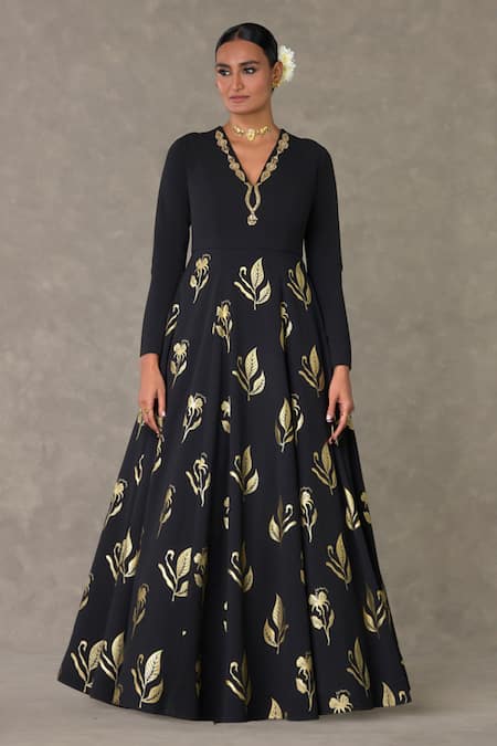 Masaba Black Scuba Printed Dori V Neck All In Bloom Leafy Gown