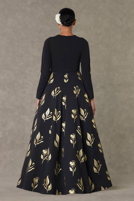 Shop Masaba Black Neoprene Embroidery V-neck All In Bloom Leafy Print Gown at Aza Fashions Shop_Masaba_Black Neoprene Embroidery V-neck All In Bloom Leafy Print Gown_at_Aza_Fashions