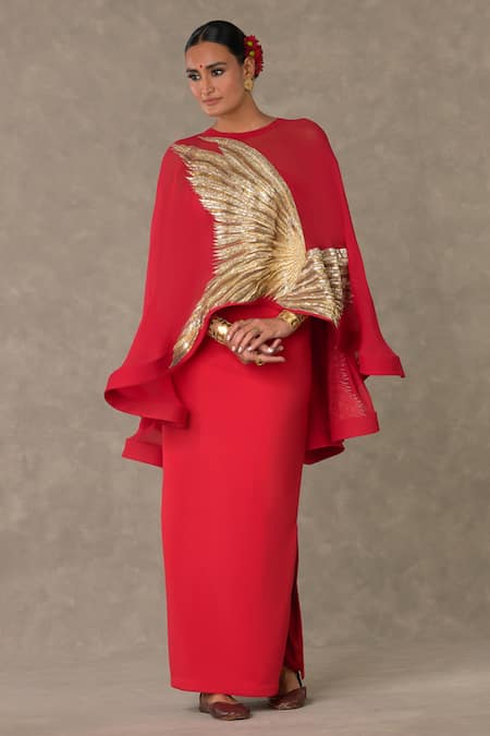 Masaba_Red Gown Scuba Embellished Sitara Cape Round Son Chidiya With_Online_at_Aza_Fashions