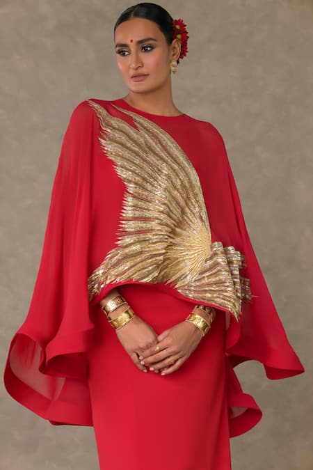 Shop_Masaba_Red Gown Scuba Embellished Sitara Cape Round Son Chidiya With_Online_at_Aza_Fashions