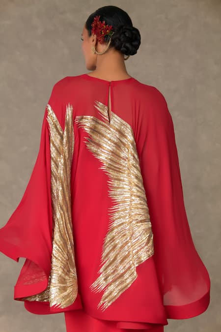 Masaba_Red Gown Scuba Embellished Sitara Cape Round Son Chidiya With_at_Aza_Fashions