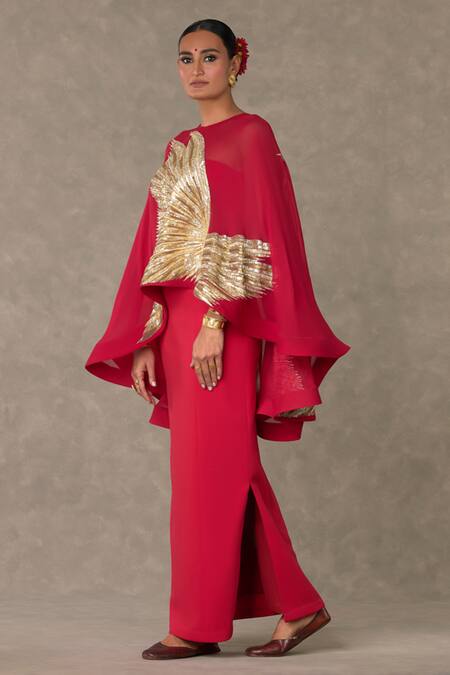 Buy_Masaba_Red Gown Scuba Embellished Sitara Cape Round Son Chidiya With