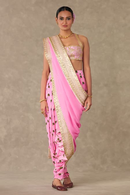 Masaba Pink Dhoti Pant Saree Crepe Silk Digital Printed Pre Stitched With Bustier