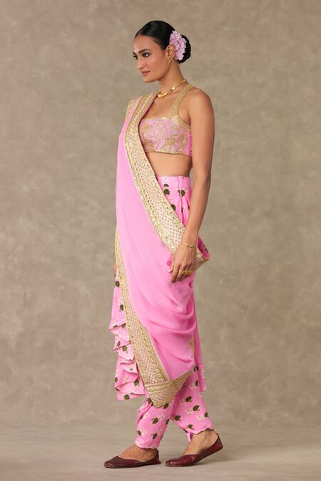 Buy_Masaba_Pink Silk, Crepe Embroidery, Pre Stitched Printed Dhoti Pant Saree With Bustier_Online_at_Aza_Fashions