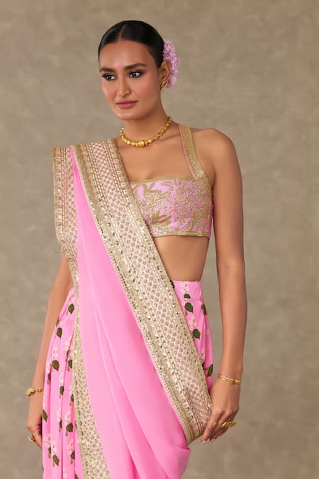 Masaba_Pink Silk, Crepe Embroidery, Pre Stitched Printed Dhoti Pant Saree With Bustier_at_Aza_Fashions
