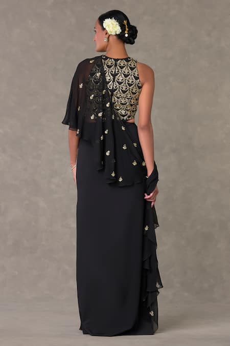 Shop Masaba Black V-neck Paan Phool Embroidered Saree Gown at Aza Fashions Shop_Masaba_Black V-neck Paan Phool Embroidered Saree Gown_at_Aza_Fashions