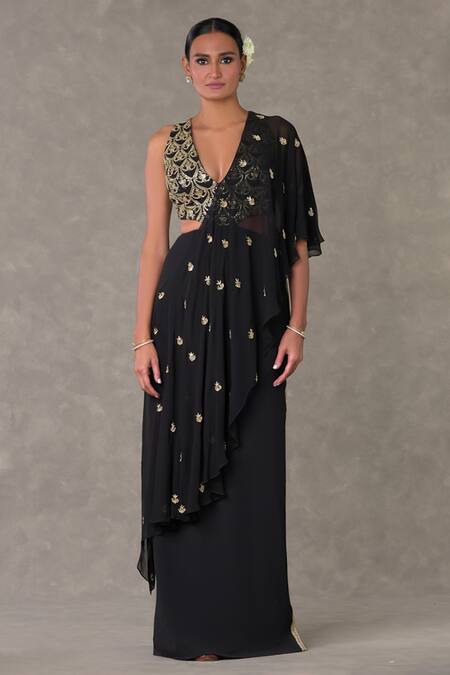 Masaba Black V-neck Paan Phool Embroidered Saree Gown Online at Aza Fashions Masaba_Black V-neck Paan Phool Embroidered Saree Gown_Online_at_Aza_Fashions