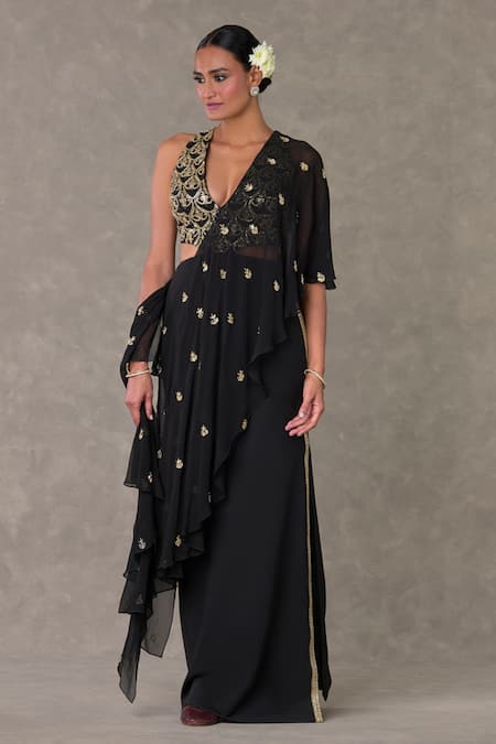 Shop Masaba Black V-neck Paan Phool Embroidered Saree Gown Online at Aza Fashions Shop_Masaba_Black V-neck Paan Phool Embroidered Saree Gown_Online_at_Aza_Fashions