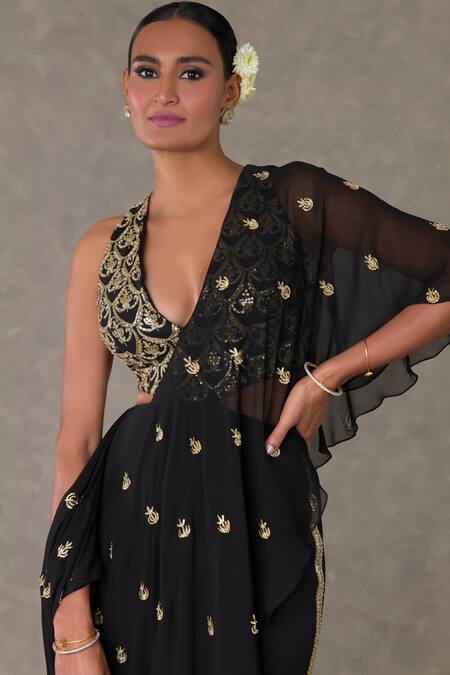 Masaba Black V-neck Paan Phool Embroidered Saree Gown at Aza Fashions Masaba_Black V-neck Paan Phool Embroidered Saree Gown_at_Aza_Fashions