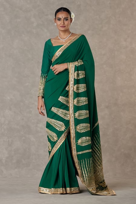 Masaba Green Saree Crepe Silk Embellished Son Patti With Unstitched Blouse Piece