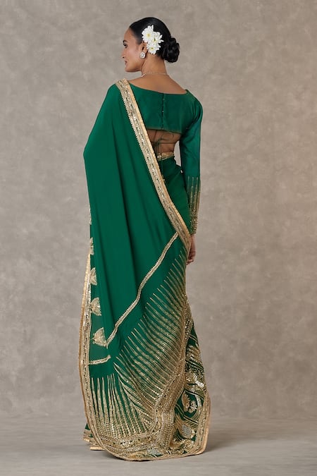 Shop Masaba Green Crepe, Silk Embroidery Son Patti Saree With Unstitched Blouse Piece at Aza Fashions Shop_Masaba_Green Crepe, Silk Embroidery Son Patti Saree With Unstitched Blouse Piece _at_Aza_Fashions