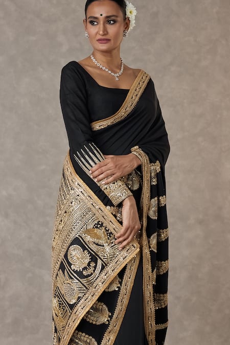 Masaba_Black Crepe, Silk Son Patti Embellished Saree With Unstitched Blouse Piece _Online_at_Aza_Fashions