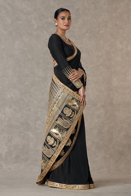 Buy_Masaba_Black Crepe, Silk Son Patti Embellished Saree With Unstitched Blouse Piece _Online_at_Aza_Fashions