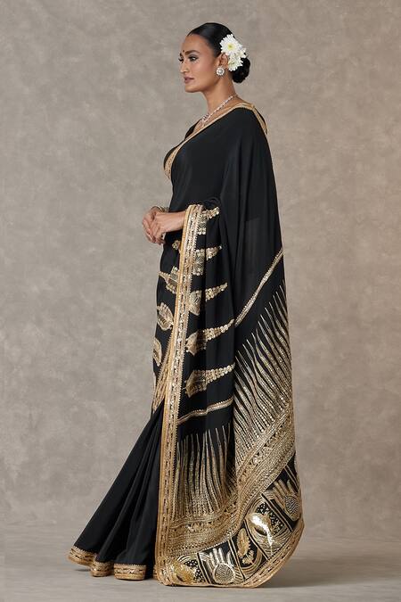Shop_Masaba_Black Crepe, Silk Son Patti Embellished Saree With Unstitched Blouse Piece _Online_at_Aza_Fashions