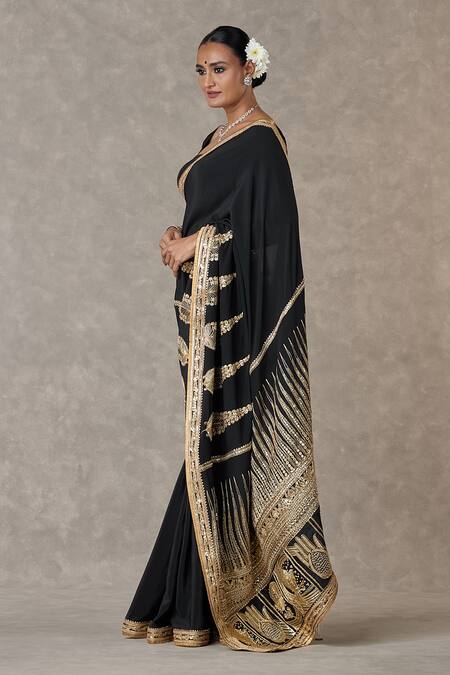 Masaba_Black Crepe, Silk Son Patti Embellished Saree With Unstitched Blouse Piece _at_Aza_Fashions