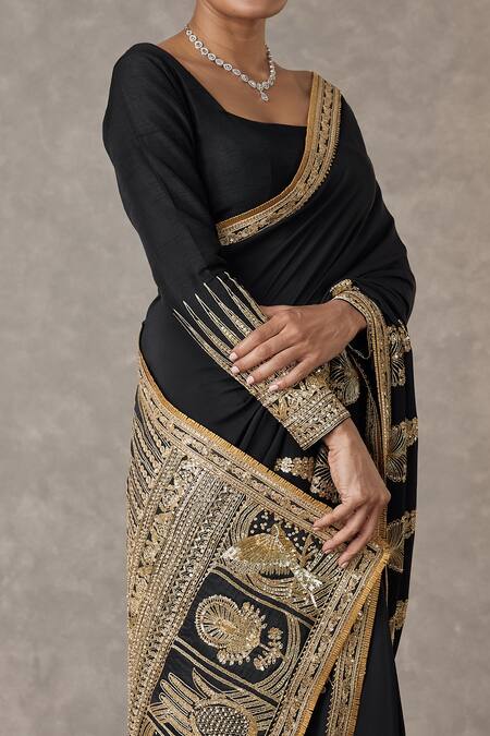 Buy_Masaba_Black Crepe, Silk Embroidery, Zari Son Chidiya Embellished Saree Salwar Set _Online_at_Aza_Fashions
