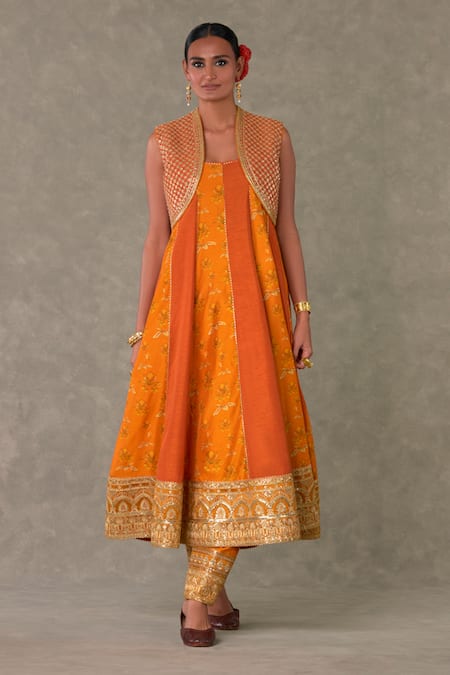 Masaba Orange Raw Silk Print Floral Narangi Bagh Anarkali And Salwar Set With Jacket