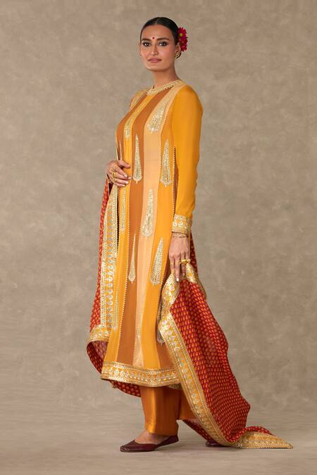 Masaba_Yellow Organza, Silk Embroidery Round Neck Sorbet Son Patti Kurta Palazzo Set_Online_at_Aza_Fashions