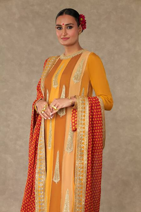 Shop_Masaba_Yellow Organza, Silk Embroidery Round Neck Sorbet Son Patti Kurta Palazzo Set_Online_at_Aza_Fashions