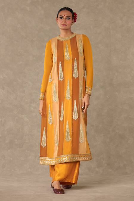 Masaba_Yellow Organza, Silk Embroidery Round Neck Sorbet Son Patti Kurta Palazzo Set_at_Aza_Fashions