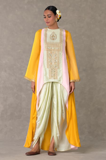 Masaba Multi Color Raw Silk Embroidery Haathphool Trikone Motif Tunic With Tulip Pant
