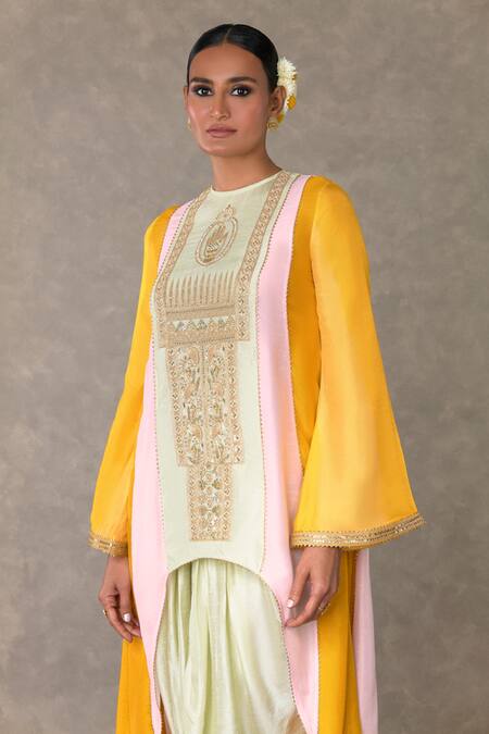 Shop Masaba Multi Color Silk Diamonds, Embroidery Round Neck Trikone Motif Tunic And Pant Set Online at Aza Fashions Shop_Masaba_Multi Color Silk Diamonds, Embroidery Round Neck Trikone Motif Tunic And Pant Set_Online_at_Aza_Fashions