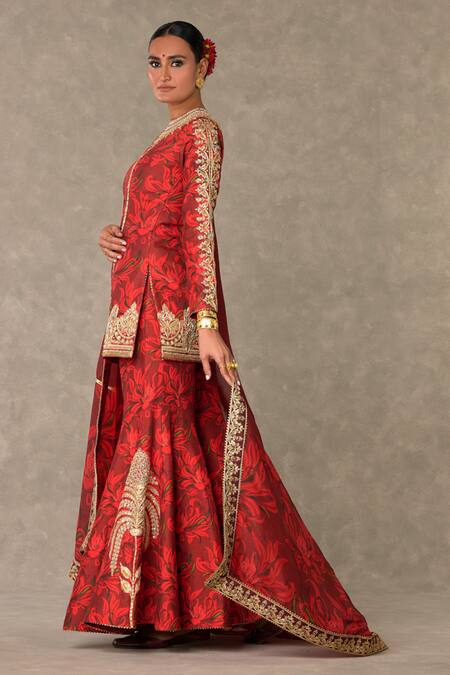 Masaba Red Silk, Organza Embroidery Round Neck Gulmohar Print Kurta Sharara Set Online at Aza Fashions Masaba_Red Silk, Organza Embroidery Round Neck Gulmohar Print Kurta Sharara Set_Online_at_Aza_Fashions