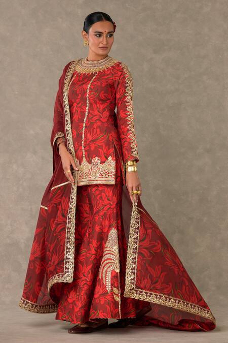Buy Masaba Red Silk, Organza Embroidery Round Neck Gulmohar Print Kurta Sharara Set Online at Aza Fashions Buy_Masaba_Red Silk, Organza Embroidery Round Neck Gulmohar Print Kurta Sharara Set_Online_at_Aza_Fashions