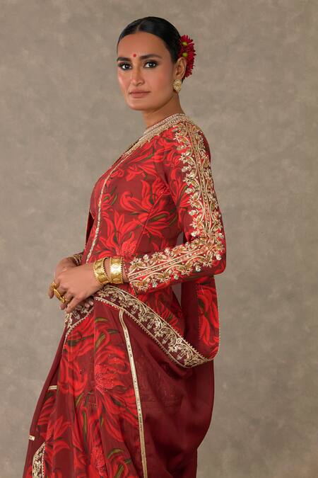 Shop Masaba Red Silk, Organza Embroidery Round Neck Gulmohar Print Kurta Sharara Set Online at Aza Fashions Shop_Masaba_Red Silk, Organza Embroidery Round Neck Gulmohar Print Kurta Sharara Set_Online_at_Aza_Fashions