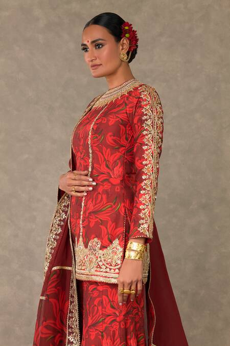 Masaba Red Silk, Organza Embroidery Round Neck Gulmohar Print Kurta Sharara Set at Aza Fashions Masaba_Red Silk, Organza Embroidery Round Neck Gulmohar Print Kurta Sharara Set_at_Aza_Fashions