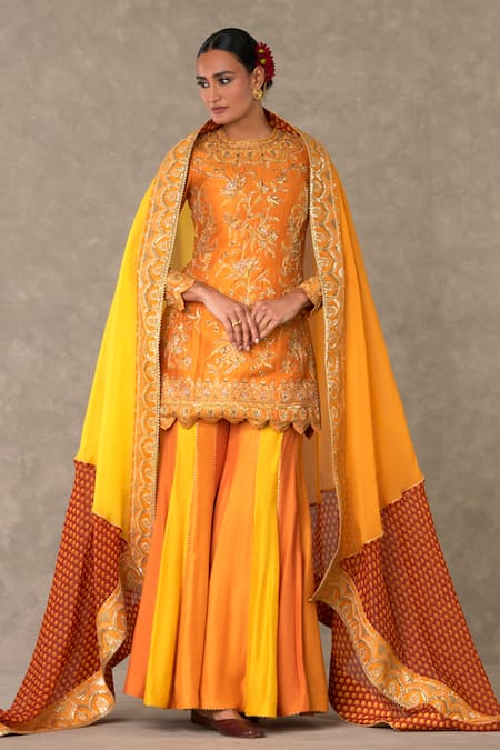 Masaba Orange Kurta And Sharara Raw Silk Print Floral Narangi Bagh Embroidered Set