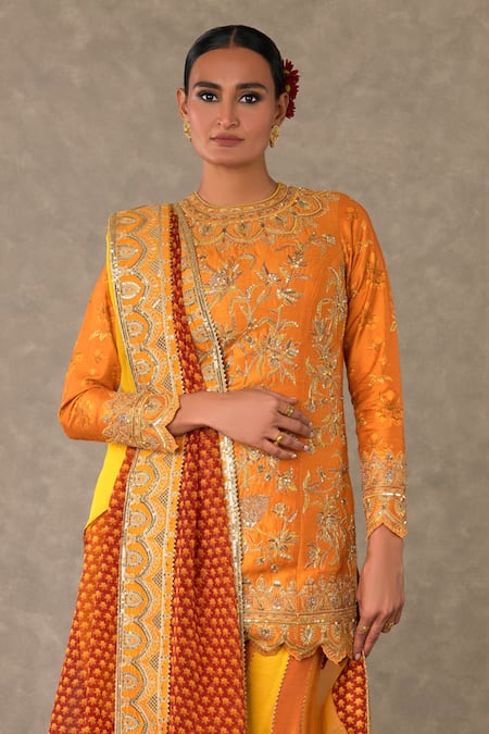 Buy_Masaba_Orange Silk, Organza Embroidery Round Neck Kurta Sharara Set_Online_at_Aza_Fashions
