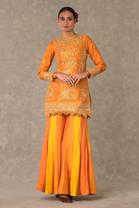Shop_Masaba_Orange Silk, Organza Embroidery Round Neck Kurta Sharara Set_Online_at_Aza_Fashions