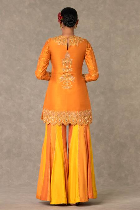 Masaba_Orange Silk, Organza Embroidery Round Neck Kurta Sharara Set_at_Aza_Fashions