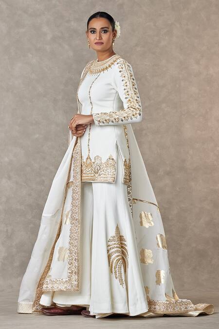 Masaba_Ivory Crepe, Organza Embroidery, Sequins Round Neck Gulaab Kurta Sharara Set_Online_at_Aza_Fashions